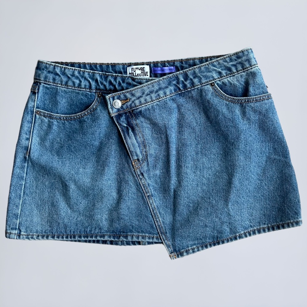 Future Collective Kahlana Barfield Brown Jean Skirt 10 Blue Denim Asymmetrical